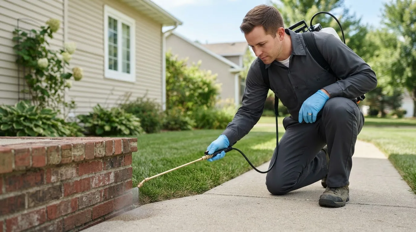 Pest control technician treating a home near Fair Play, MO