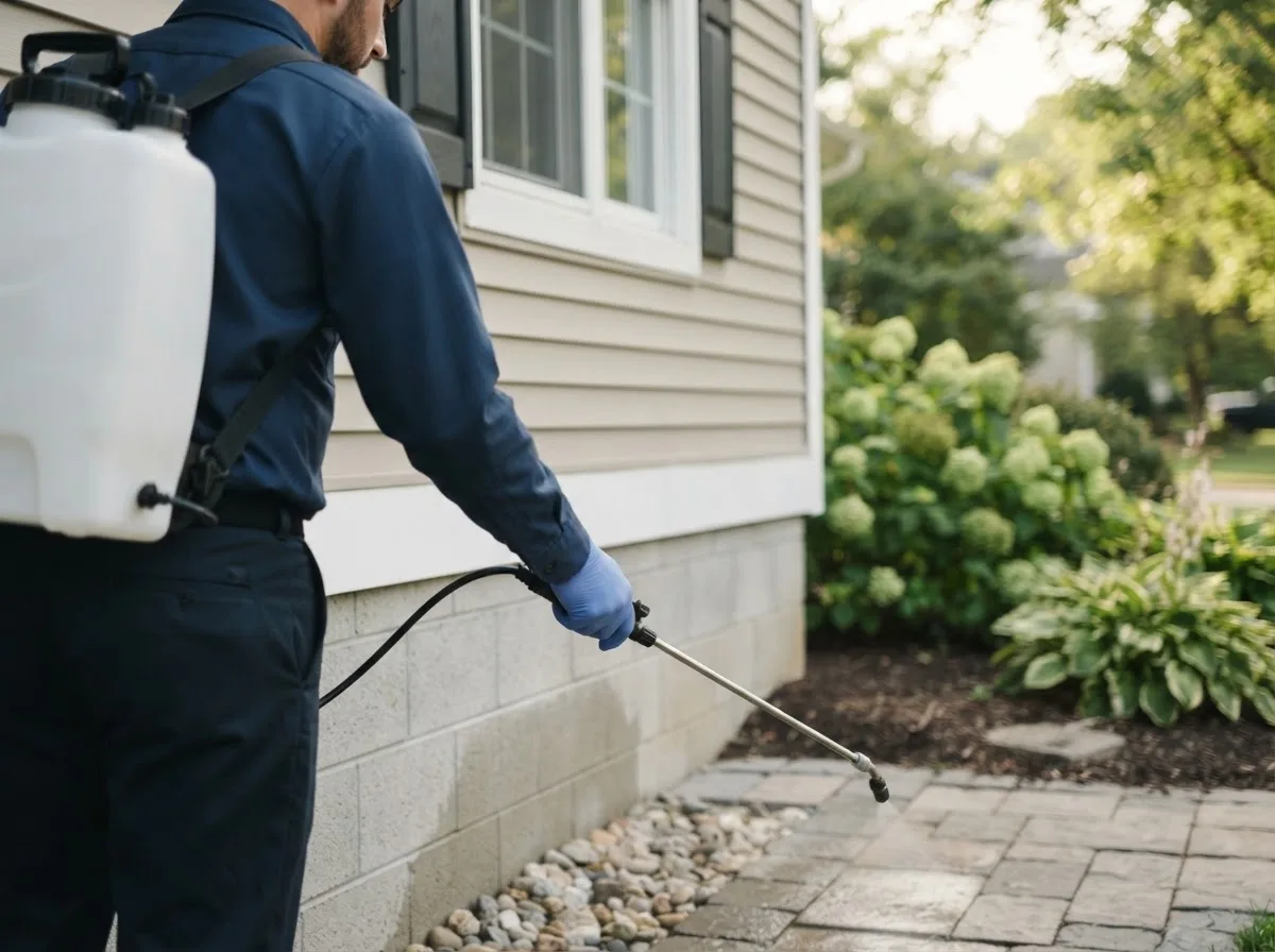 Pest control technician inspecting a home in Fair Play, MO